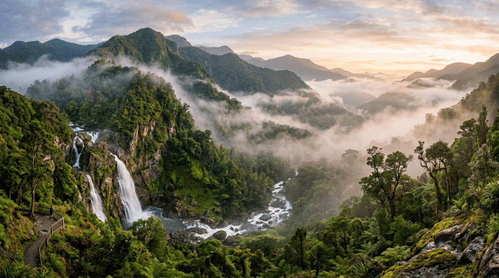Misty green mountains and waterfall at sunrise
